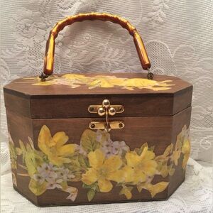 Vintage 1950s Floral Wooden Handbag with Yellow Accents